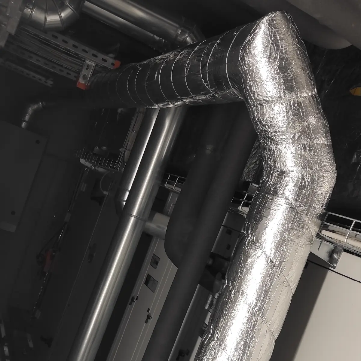 Insulated ventilation ducting in a technical plant room